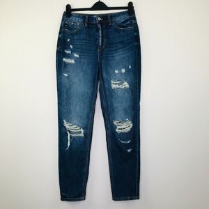 KanCan Junior's 7/27 Jeans Blue Tapered Distressed Whiskered Dark Stone Wash B